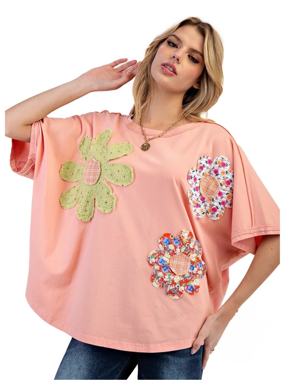 🌼EUC Easel “Sunwashed Meadows Top” 💯% Cotton🙌🏻Washed Coral🪸Patchwork Flowers🌼2XL